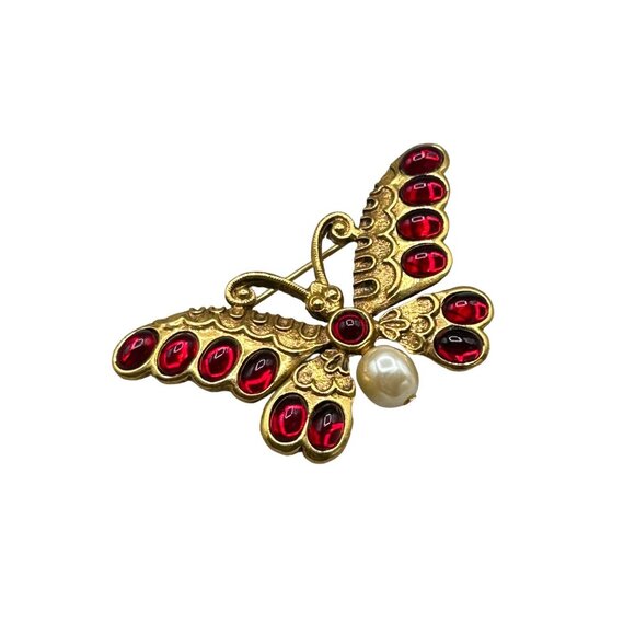 Vintage Jeweled Butterfly Pin Brooch Gold Tone with Faux Pearl & Red Rhinestones - Picture 1 of 5